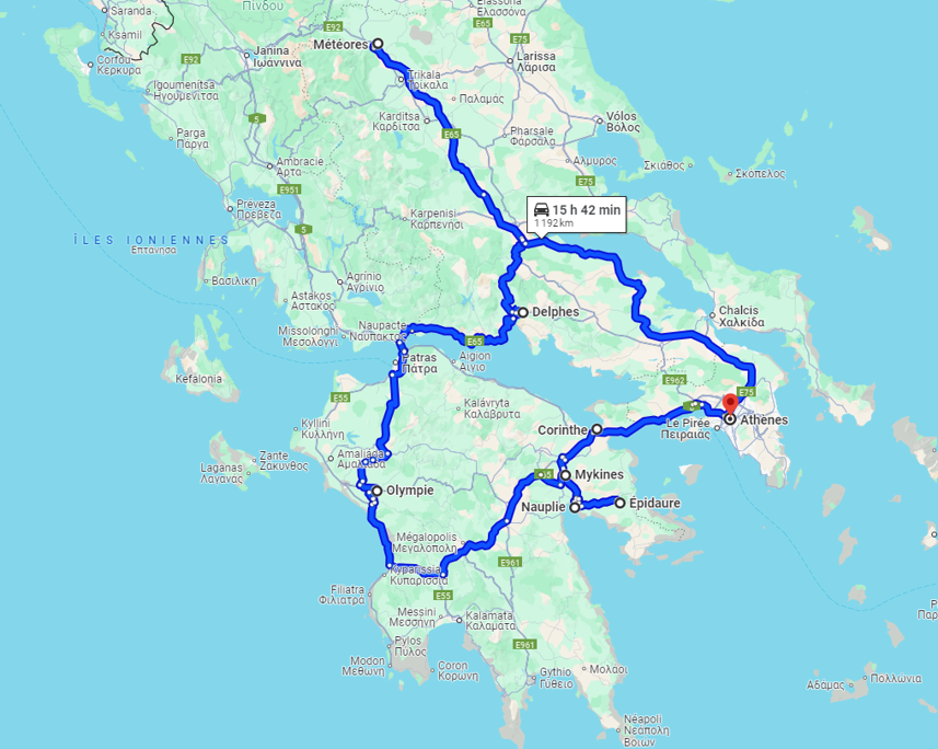 Route map: Athens, Corinth, Epidaurus, Nafplio, Mycenae, Olympia, Delphi, Meteora